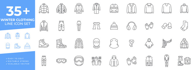 Winter clothing line icon set featuring puffer jackets, coats, sweaters, hoodies, thermal pants, scarves, beanies, earmuffs, gloves, socks, snow boots, parkas, ski goggles, helmets, and vests. © PixelHive