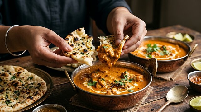 Hands Dipping Paneer Butter Masala with Naan in Copper Bowls
