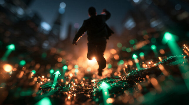Businessman Running Forward with Glowing Upward Arrows