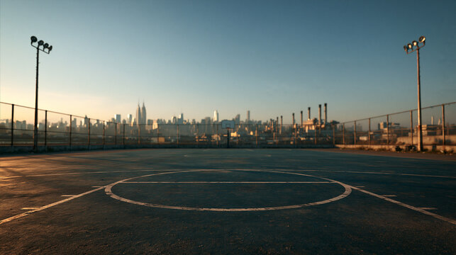 Empty Outdoor Urban Basketball Court with City Skyline