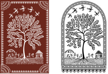 Obraz premium Hand drawn Warli tribal vector illustration featuring a tree of life, birds, village houses and people within decorative frames, shown in terracotta and black and white versions