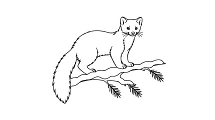 Fototapeta premium Pine marten perched on a snow-covered evergreen branch, elegant line art vector illustration of a cute wild forest mustelid with bushy tail, perfect for winter woodland and wildlife design projects