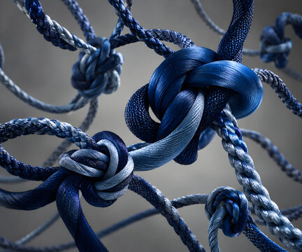 Blue Knotted Ropes and Threads in Modern Abstract Composition on Gray Background
