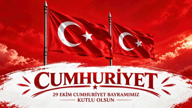 Turkish Republic Day Celebration: Two vibrant Turkish flags wave majestically against a dramatic red sky filled with clouds, celebrating Republic Day.