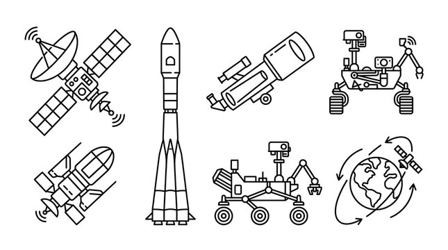 Robotic Space Equipment Illustration in Black Line Art