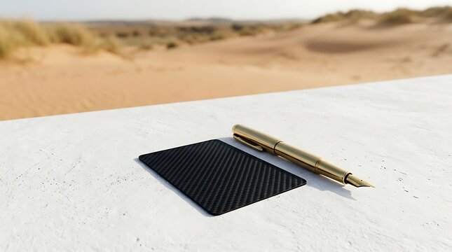 Golden Pen and Carbon Card on White Desert Surface