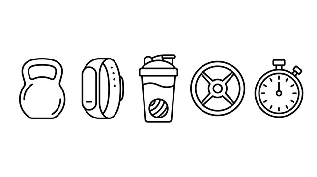 Simple Fitness Icons Kettlebell Headphones Shaker Bottle Wheel Stop Watch