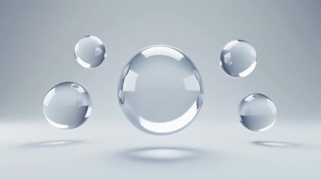 Abstract 3D rendering with transparent glass spheres floating in a clean studio environment