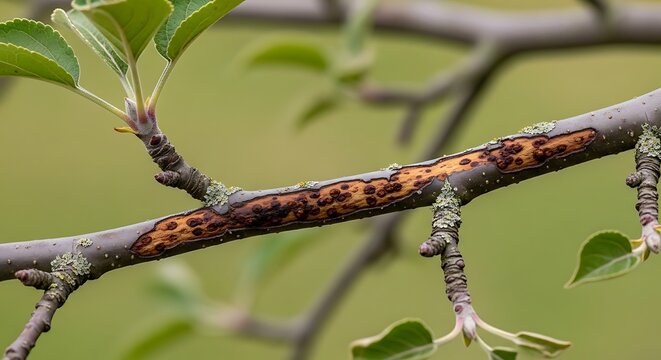 Close-up view of apple tree limb with fungal canker disease, infection