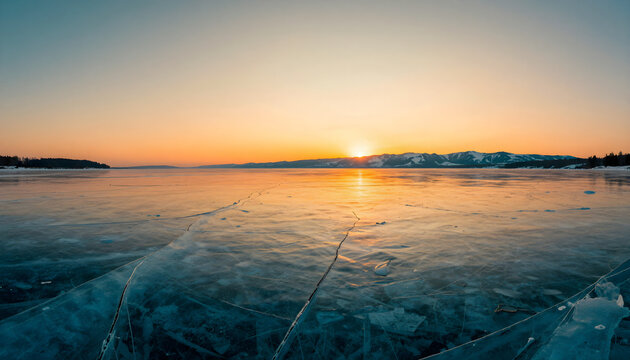 Vast frozen lake with cracked blue ice reflecting a burning orange sunset sky