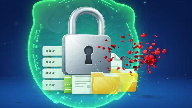 metallic padlock protecting digital data folders from red viral threat in virtual server environment with dark blue background representing network cybersecurity and computer virus risks
