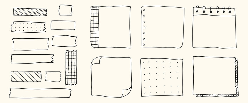Vector of hand-drawn paper and tape doodles, including notepads and sticky notes.