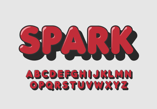 Bold red 3D bubble letters 'SPARK' and full alphabet set, isolated on transparent alpha background, ideal for design elements, typography projects and branding.