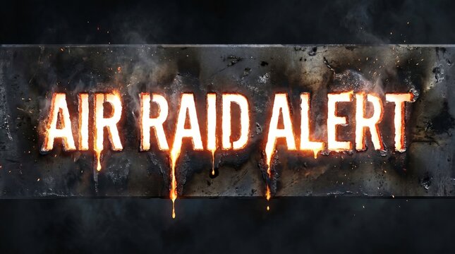 Air raid alert sign with glowing fiery text burned into dark metallic plate with smoke background