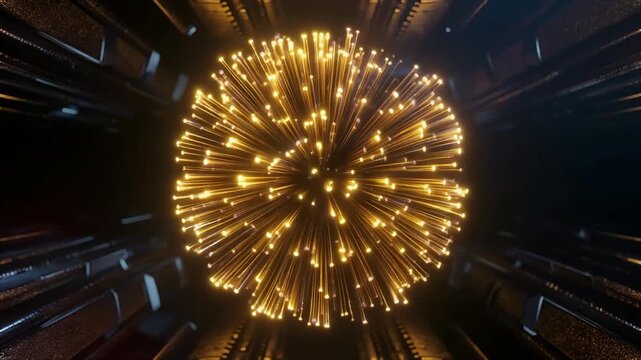 Abstract golden light explosion in a dark tunnel