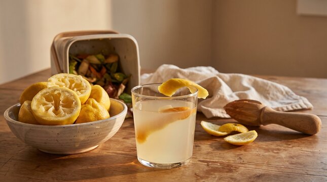 Fresh lemonade with squeezed lemons and wooden citrus juicer