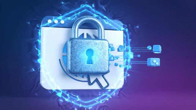 metallic padlock secured over digital web browser window floating in virtual space surrounded by numerous blue 3D cubes representing data transfer and network connectivity