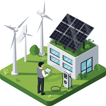 Modern eco-friendly house with solar panels and wind turbines, concept for green energy solutions, sustainable living and renewable power promotion.