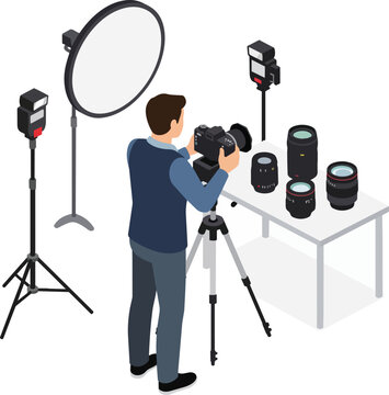Photographer with camera and lenses, studio lighting setup, isometric view, concept for photography, creative production and media creation.