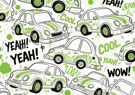 Playful cartoon cars with green accents and comic text bubbles, isolated on transparent alpha, perfect for kids' designs, automotive marketing and graphic backgrounds.