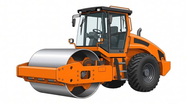 Heavy duty orange soil compactor and vibratory road roller for paving and civil engineering projects industrial illustration on white background