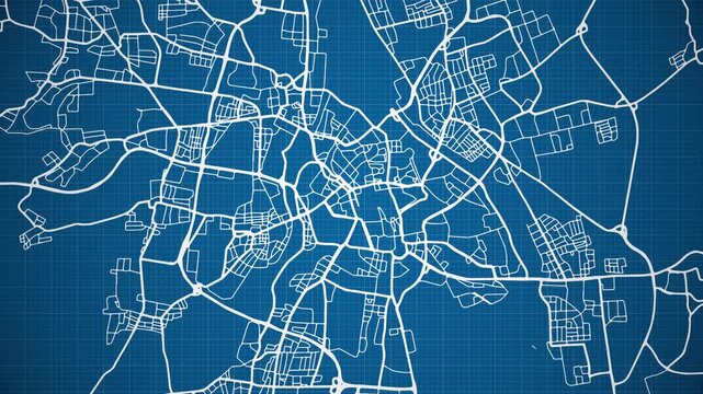 Ink reveal animation of Augsburg (Ougschburg) city, state of Bavaria, Germany, grid map. Aerial top view. Blueprint style. White lines with blue background. 4K Seamless loop.