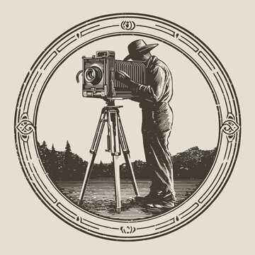 Vintage photographer with large format camera on tripod in scenic landscape, circular frame, concept for historical photography, nature exploration and artistic expression.