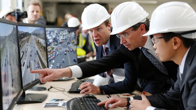 Engineers Examining Traffic Data: Three engineers wearing hard hats intently analyze real-time traffic flow on multiple computer monitors, collaborating to optimize transportation networks.