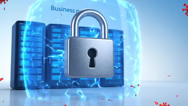 digital padlock being shattered by red virus particles in data center with server racks looming in the blurred background