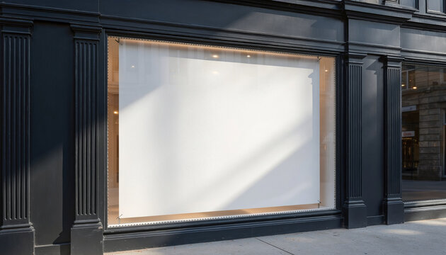 Blank Large Horizontal Window Banner Mockup on Classic Black Storefront Facade