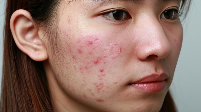 acne on woman face with rash skin, scar, and red skin syndrome allergic to cosmetics, use steroids, dermatology, inflammation, infection, hygiene