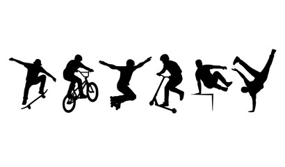 Fototapeta premium Urban Extreme Sports Athlete Silhouette Collection with Skateboarding BMX Parkour and Breakdance