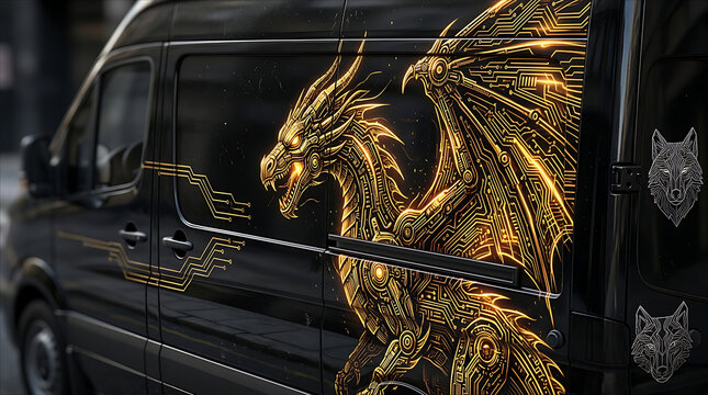 High-detail 3D mockup of a black cargo van customized with a glowing golden mechanical cyber dragon livery decal wrap