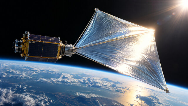 Experimental CubeSat Deploying Large Reflective Solar Sail in Orbit, Cubical Nanotechnology Satellite Flying Above Curved Earth Horizon
