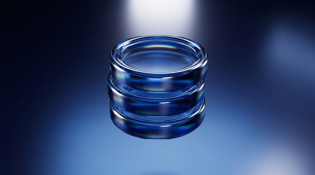 Stacked chrome coins with iridescent reflections on a dark blue background