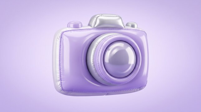 Lavender inflatable camera toy rests against a pale purple backdrop