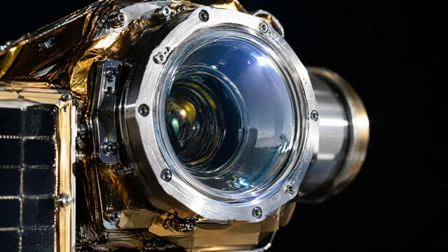 Close Up of Spacecraft Optical Camera Lens on Imaging Satellite, Remote Sensing Sensor System for Earth Observation Isolated on Black Background
