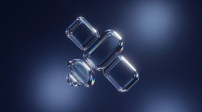 Glossy rectangular prisms float against a dark blue gradient background