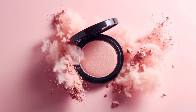 Cosmetic Powder Puff Exploding with Pink Pigment on a Soft Pink Background
