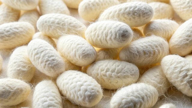 Close-up of silkworm cocoons with a soft, white background and intricate patterns