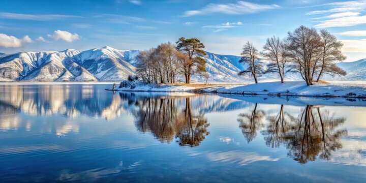 Mountain lake reflection on a sunny winter day at Olkhon Island with snow-capped peaks in the background and frozen trees surrounding it, serene atmosphere, mountain reflection, winter landscape