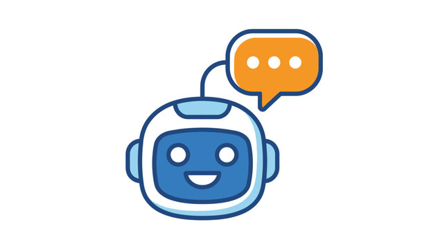 Chatbot robot head icon with orange speech bubble.