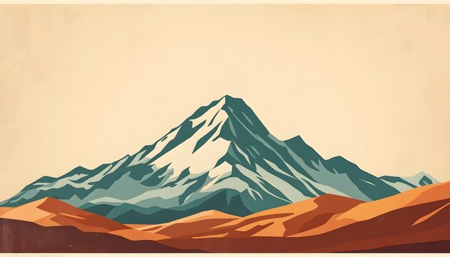 Vintage Travel Poster Illustration of Stylized Mountain Range with Copy Space on Aged Paper Background