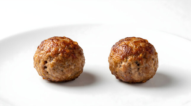 2 meatballs isolated on a clean white background, showcasing delicious roasted ground meat balls close-up view