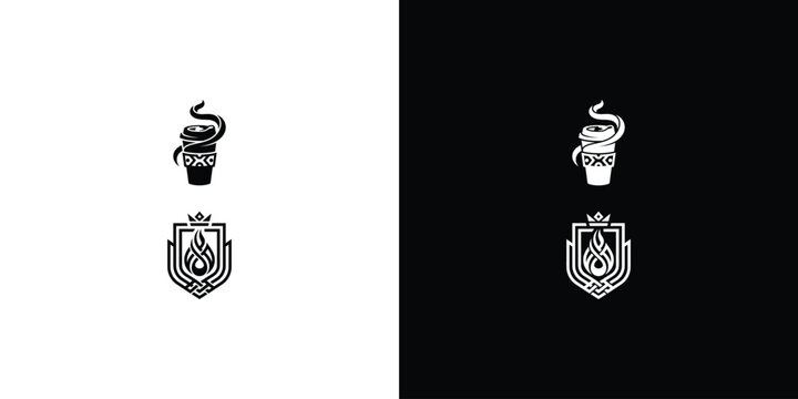 Modern Coffee Pharmacy and Heraldic Shield Vector Logo Set