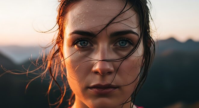 Close-up portrait of woman with windblown hair at sunset portrait outdoors