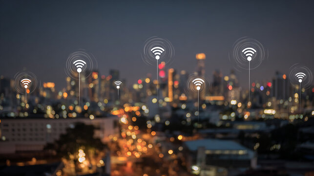 nigth time Smart digital Innovation city with connection network reciprocity over the city of future smart wireless digital city and social media networking systems that connects people with in city