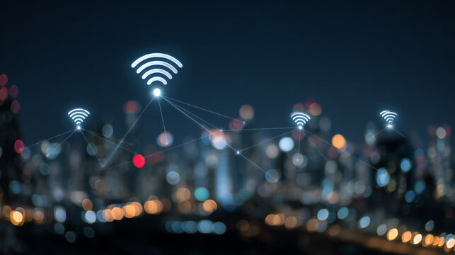 nigth time Smart digital Innovation city with connection network reciprocity over the city of future smart wireless digital city and social media networking systems that connects people with in city