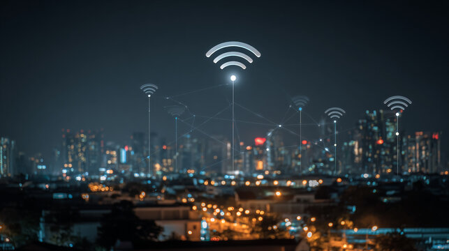 nigth time Smart digital Innovation city with connection network reciprocity over the city of future smart wireless digital city and social media networking systems that connects people with in city