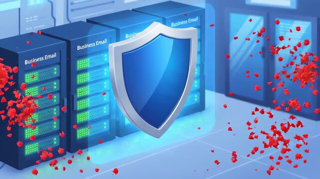 protective shield defending against red virus particles in digital server room background representing cybersecurity and data protection against potential cyber threats and malware attacks